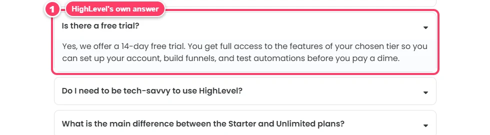 GoHighLevel pricing FAQ answer confirming full access to the chosen tier during the trial