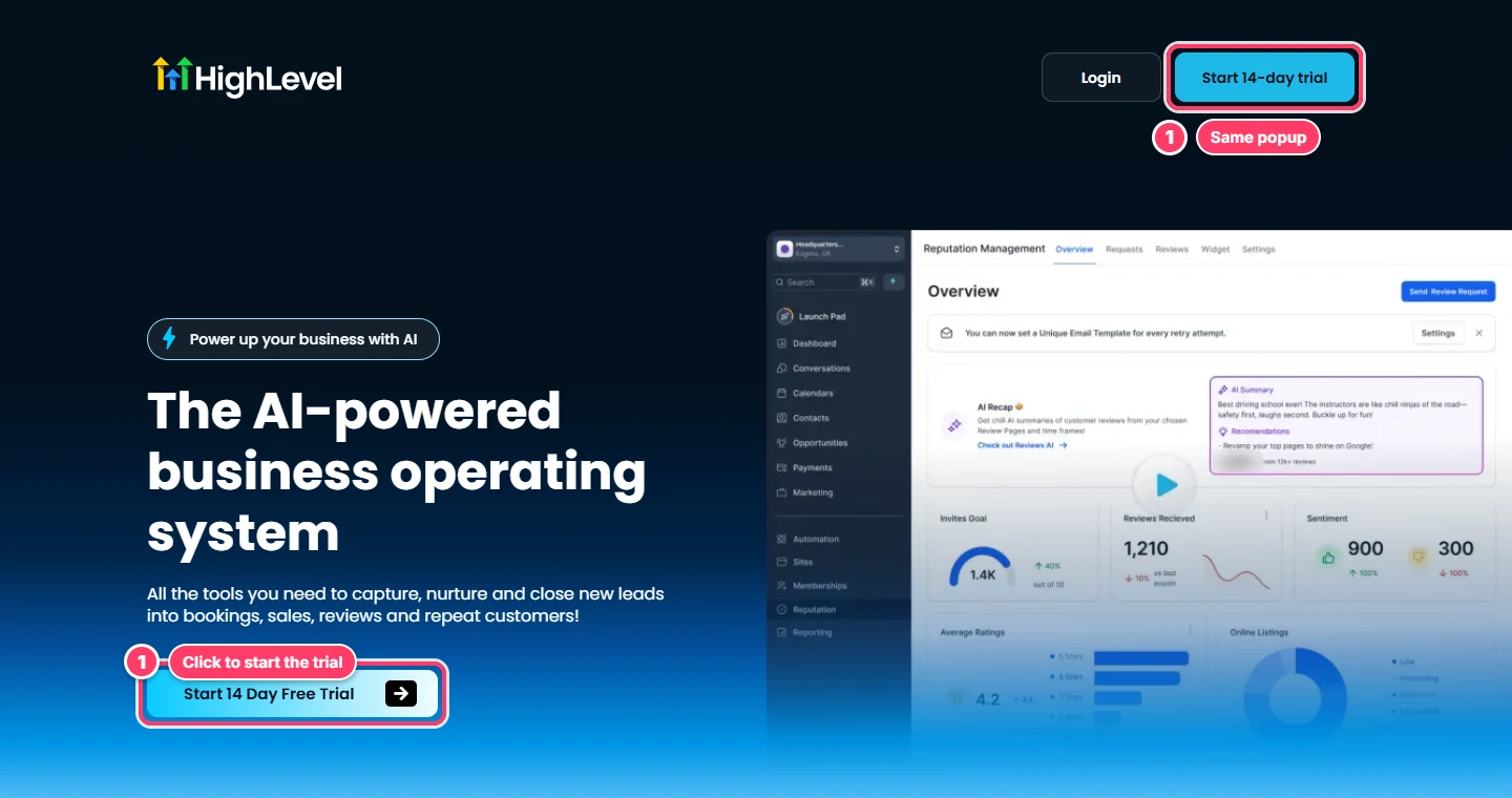 GoHighLevel homepage with the trial buttons in the banner and the top corner highlighted