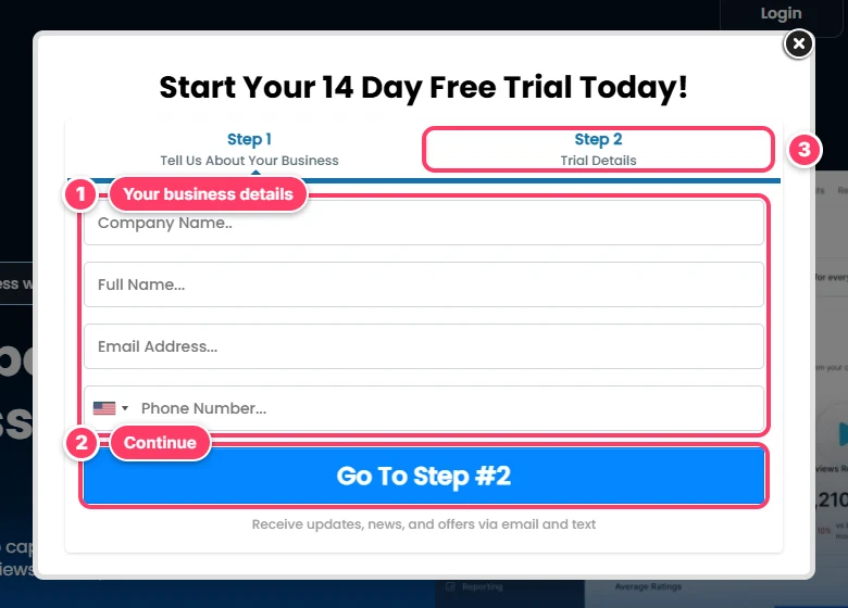 Step 1 of the GoHighLevel trial sign-up form with the business detail fields, the Go To Step 2 button and the Trial Details tab highlighted