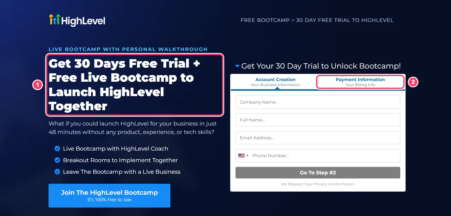 Official bootcamp page offering a 30 day free trial, with the offer headline and the Payment Information step highlighted