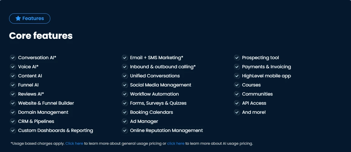 HighLevel pricing page listing core features included on every plan: Conversation AI, Voice AI, website and funnel builder, CRM and pipelines, email and SMS marketing, calling, workflow automation, booking calendars, reputation management, courses and API access