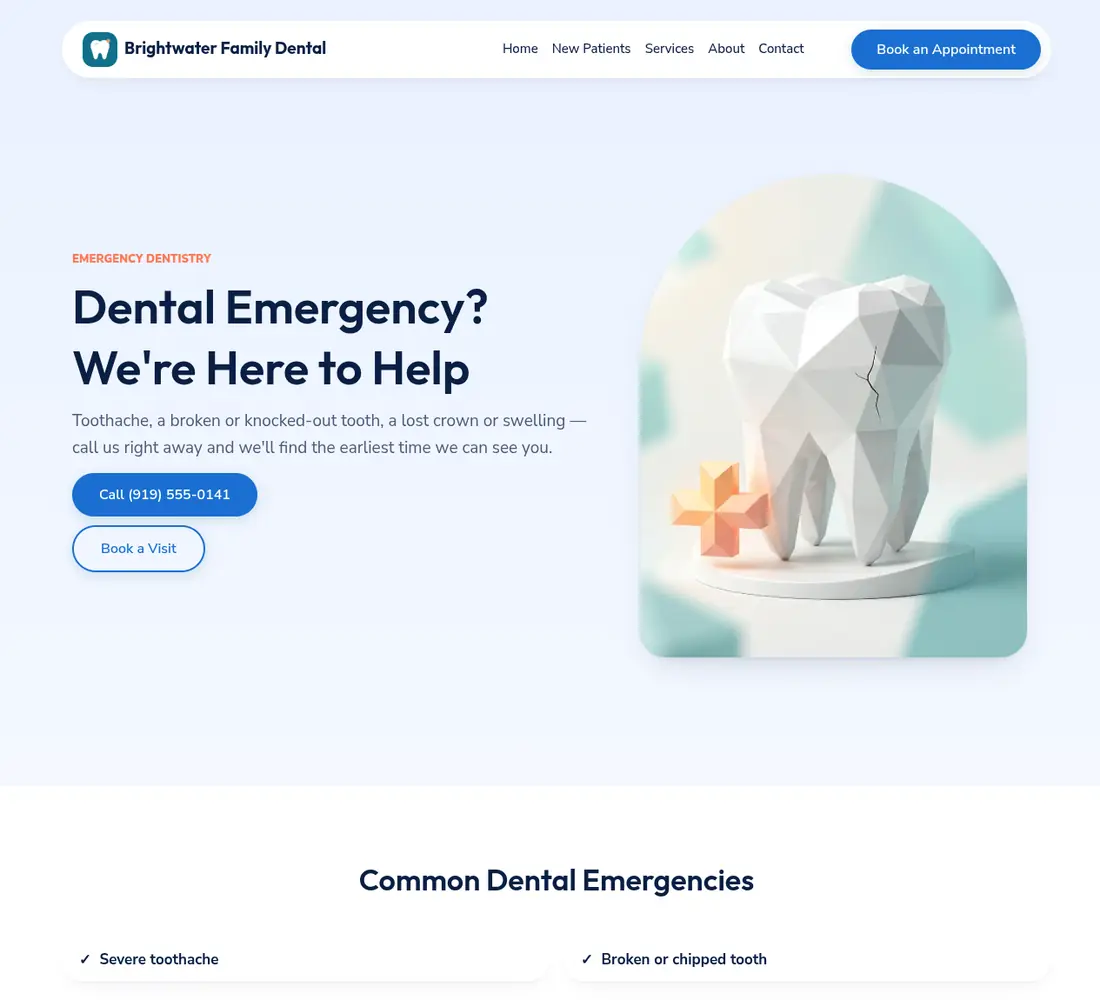 Dental emergency page pairing a call button with an urgent request form