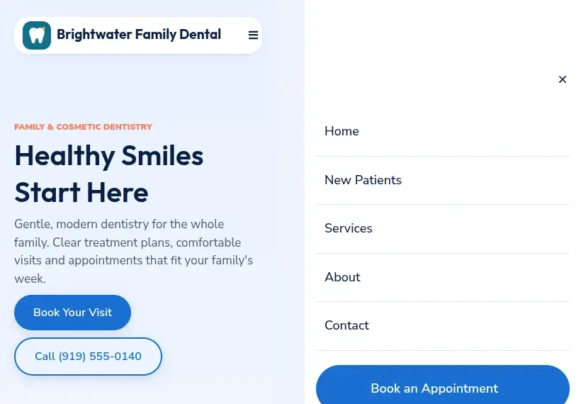 Full-screen mobile menu with a booking button on the dental website