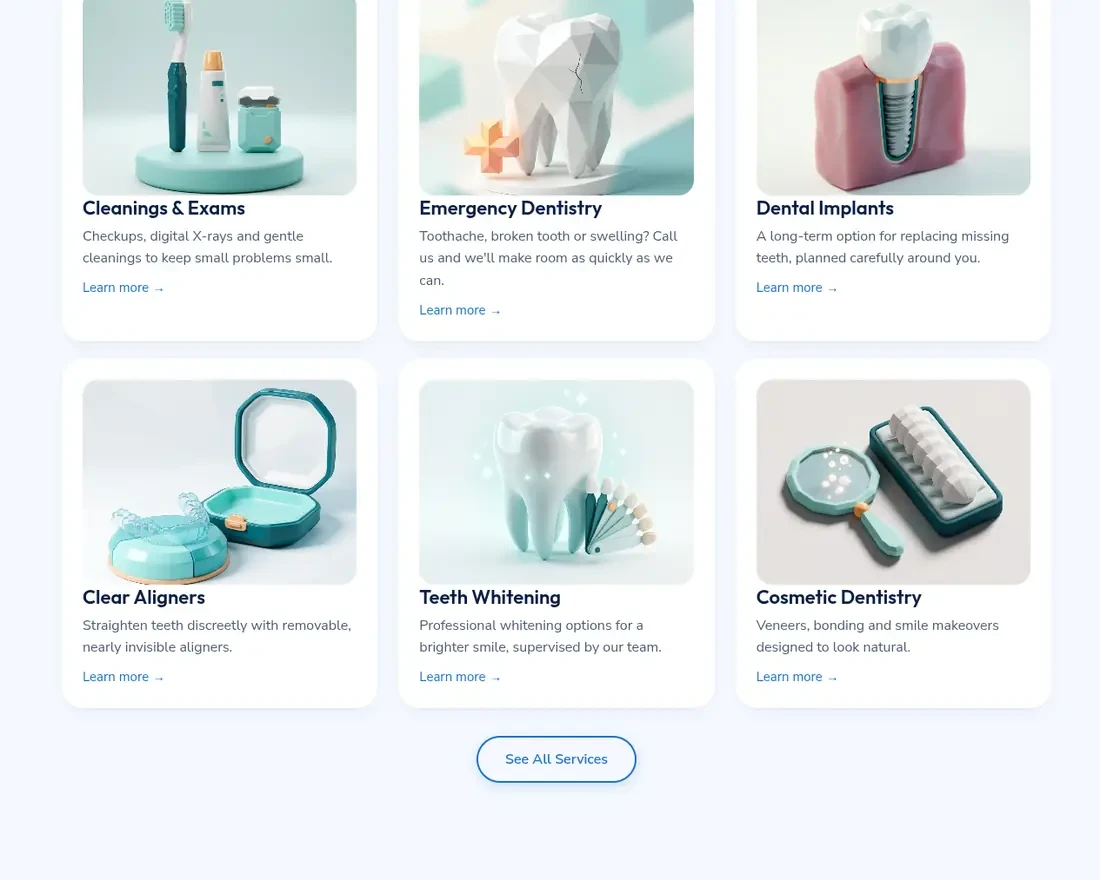 Treatment cards linking to six dedicated dental treatment pages