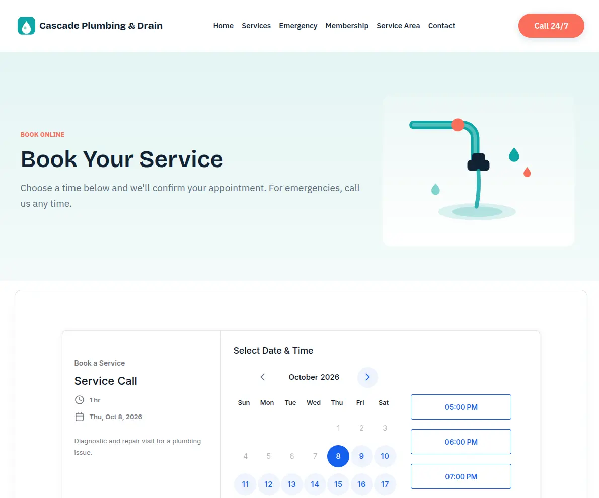 Online booking page with the one-hour Service Call calendar showing open dates and time slots