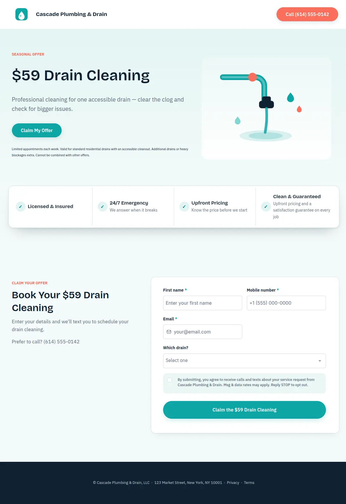 $59 Drain Cleaning offer funnel page with a single offer and one signup form