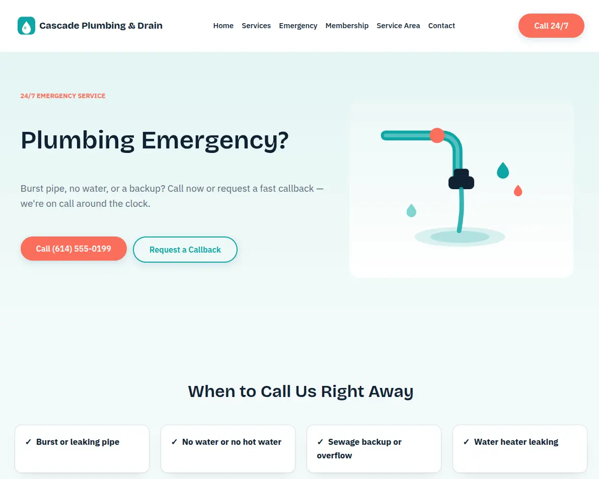 Plumbing emergency page with a 24/7 call button and a callback request, above the signs that need a call right away