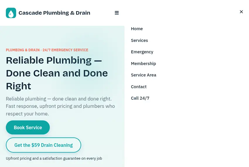 Plumbing website on a phone: the home page hero beside the open full-screen menu