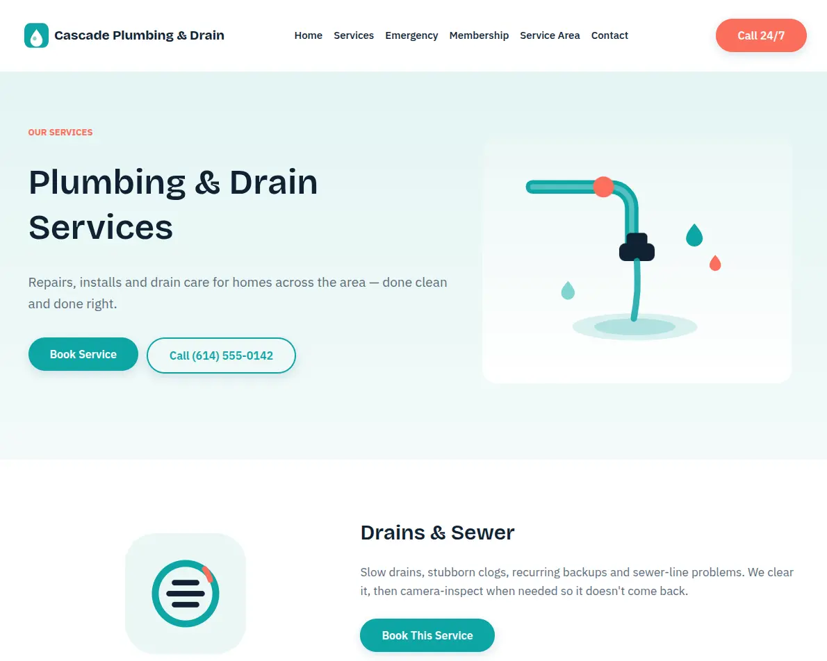 Plumbing services page with booking and call buttons, followed by the drains and sewer service section