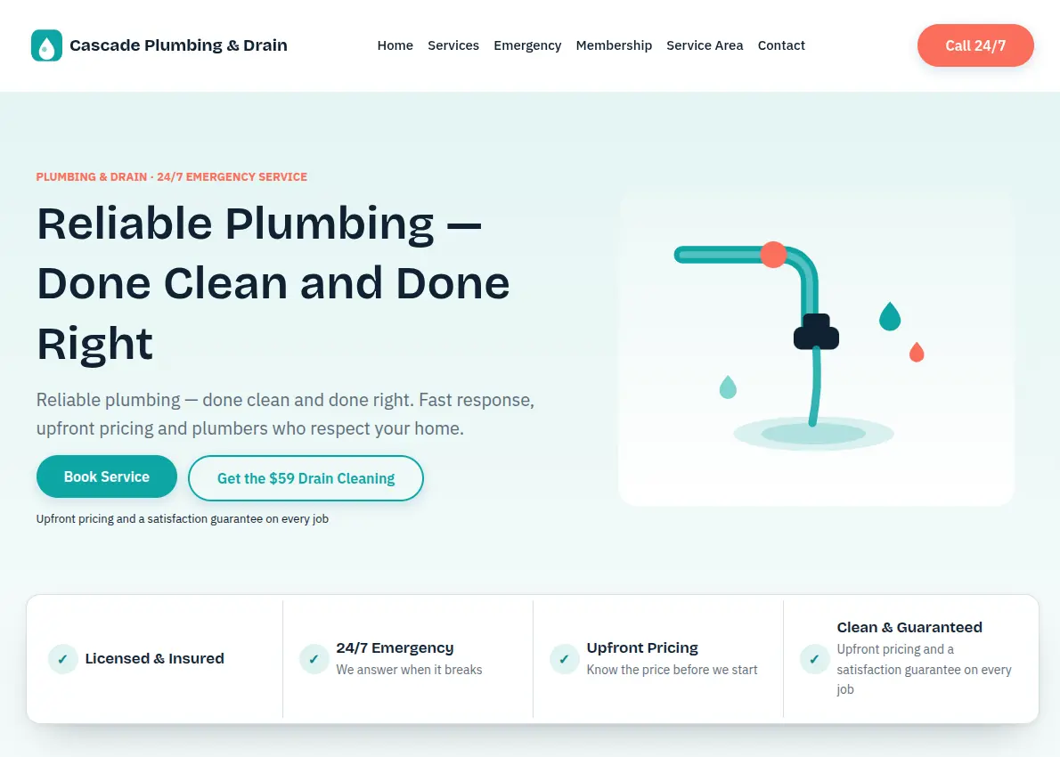 Plumbing website home page from the GoHighLevel plumbing snapshot, with business details filled in by the Setup Wizard